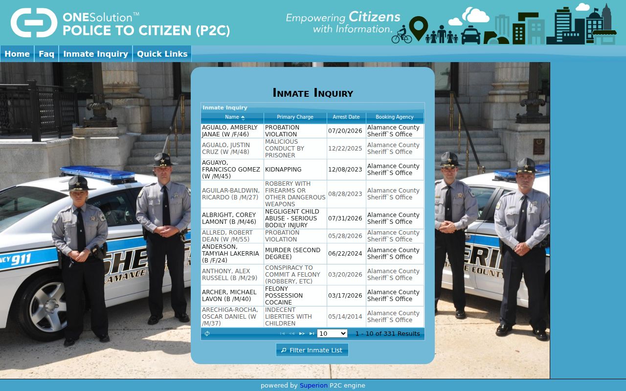 Alamance County arrest record current inmate search interface
