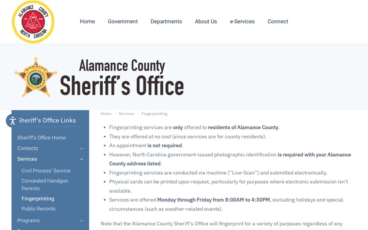 Alamance County arrest history fingerprint service details