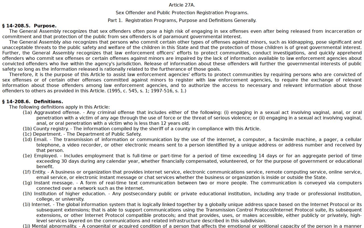 North Carolina statutes governing Alamance County sex offender registration